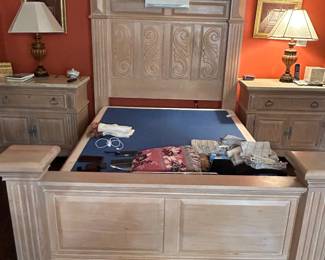American Drew bedroom suite. Queen bed, matching nightstands, dresser and armoire. Tempurpedic base sold separately from bed frame