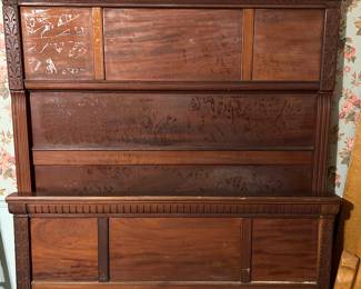 Large antique full bed frame with wooden side rails
