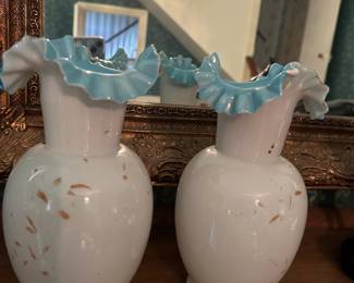 Pair of Bristol glass ruffle top vases