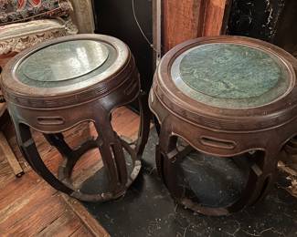 Pair of stools with green marble tops 