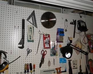 Tool accessories, and hand tools, and tin snips, and rotary blades, and a table light