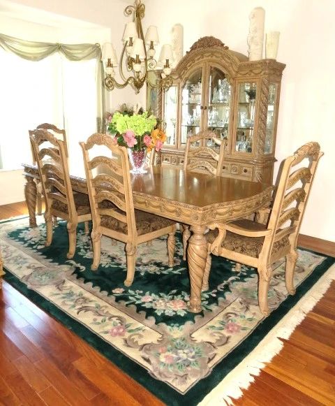 Millennium "South Shore" Heavy Solid Wood Dining Room Set, Dining Table with Two Leaves/6 Textured Chenille Chairs, Matching China Hutch & Buffet