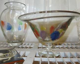 Vintage Dansk John Burchetta Art Glass Multicolored Leaves Vase & Footed Bowl, Made in Romania 