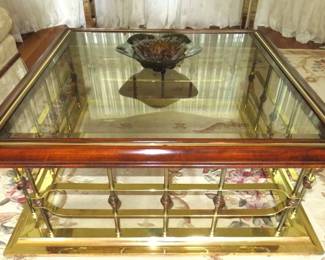 Mid Century Polished Brass & Wood Glass Top Coffee Table, Console Table & Nesting End Tables