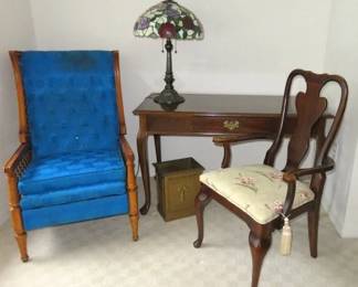 Mahogany Desk & Armchair, Vintage Accent Armchair Recliner, Tiffany Style-Stained Glass Table Lamp