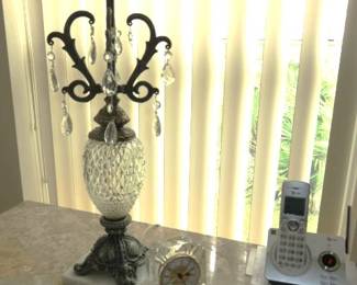 Pair Hollywood Regency Diamond Pattern Crystal/Brass Table Lamps with Prisms & Marble Base