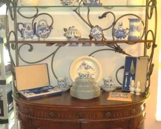 Large Iron Scroll, Glass Shelf & Wood Cabinet Bakers Rack