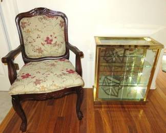Mahogany Upholstered Armchair, Brass/Mirrored Glass Console Curio Cabinet