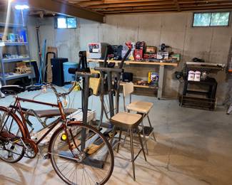 Bicycle, Costco chairs, workout equipment, worktable, workbench, safe, shelving