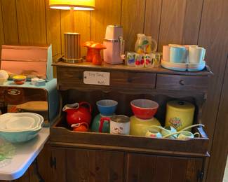 Vintage Pyrex, vintage glassware, salt and pepper shakers, ice crusher, dry sink, canister 