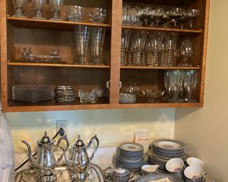 Voque silver lace china, etched glasses, tea set 