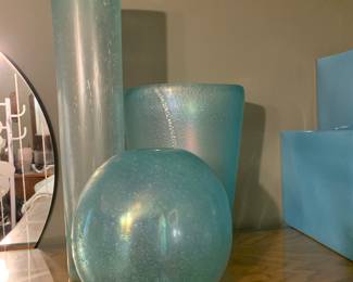 Iridescent turquoise bubbled glass vases from past furniture markets