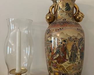 Brass Candlestick Hurricane Lamp and Ornamental Vase