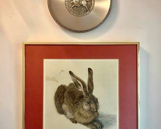 The Oriental Zodiac Plate Collection Selangor Pewter 1982 Year of the Hare and Lithograph Of A Rabbit By Albrecht Duper