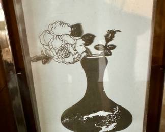 Black and White Vase with Flowers Block Print