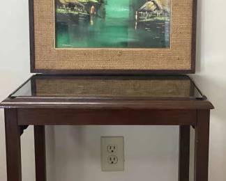 Asian Carved Wood Side Table With glass Top , Framed Matted Picture