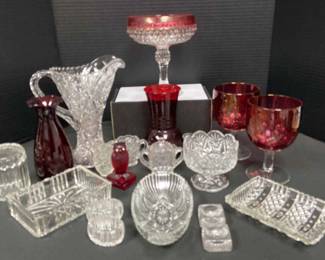 Clear Cut Glass, Indiana Glass Flash Goblets, Anchor Hawking Red Vase, Westmoreland Ruby Owl 