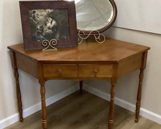 Vintage Dearborn Provincetown Maple Corner Desk with Drawer, Saint Anthony Art and Mirror 