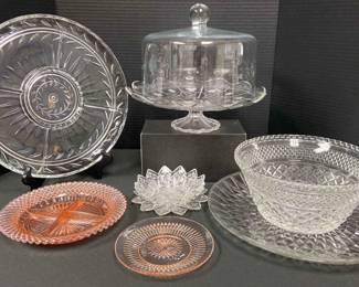 Pink Depression Glass, Clear Cut Glass, Etched 