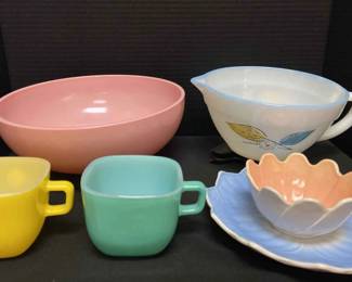 Fire King Batter Bowl, Glass Lotus Flower, Glasbake Cups, Pink Glass Bowl