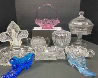 Clear Cut Glass, Pink Cabbage Rose Basket, Blue Glass Shoes