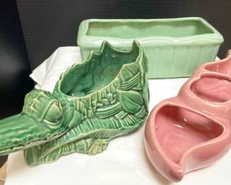 Vintage Ceramic Planters, McCoy Alligator, Pink Bow, Mint Green Rectangle 