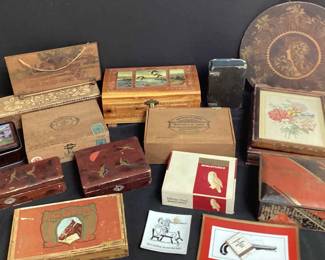 Lot of Wooden Cigar Boxes, Tin Boxes and Wood Decor 
