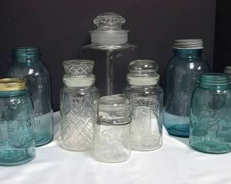 Atlas And Ball Mason Jars, Blue And Clear, Planters Peanuts Glass Containers
