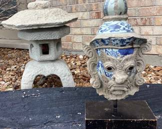 Asian Porcelain Shard Mask Concrete Garden Lantern 