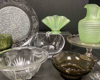 Uranium Glass, FTD Green Glass, Jeanette Glass Cake Plate, Brody Brown Glass