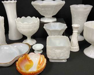 AKRO Agate Slag Glass Orange Swirl, FireKing Ware, Napko Pedestal, Brody Vase and More