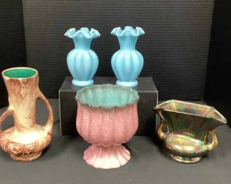 Vintage Fenton 70s Blue Satin, Hull Planter, Pearl China,Rocky Mtn. Pottery Faux Wood