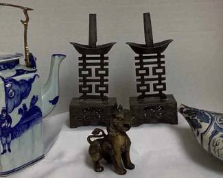 Vintage Chinese Blue White Tea Pot Brass Handle , Case Iron Candle Holders, Statue Kendi Shaped P