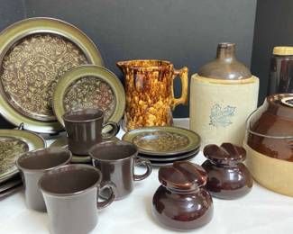 Franciscan Madiera Place Setting, Western Stoneware Jug, Bennington Pitcher, Amber Glass, Insulators