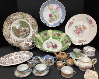 TR Hoote Plate, Johnson Bros Plate Tcup,Ironstone Bowl, Norcrest Cup saucer,Hall Teapot, Sm Tset