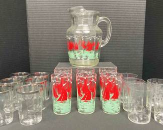 Sailboat Pitcher and Glasses, Silver Rimmed Etched Glasses