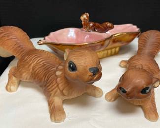 Vintage Ceramic Climbing Squirrels, Painted Squirrel 2 Compartment Dish 