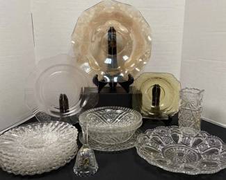 Federal Pink Yellow Depression Glass, Peach Bowl, Clear Cut Glass, Crystal