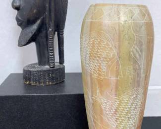 Hand Carved Wooden African Statue, Carved Stone Vase