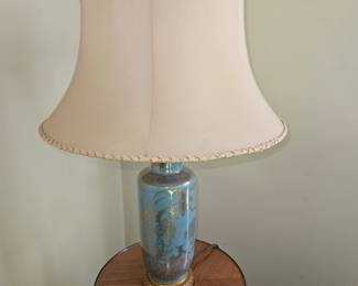 Japanese Peasant Scene Table Lamp w/White Jade Finial & Blue Luster Overlay!