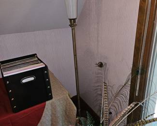 Art Deco Torchiere Brass Lamp w/White & Opalescent Globe!