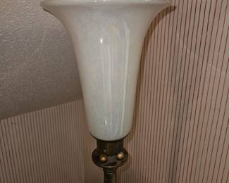 Art Deco Torchiere Brass Lamp w/White & Opalescent Globe!