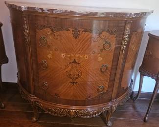 Inlaid Fruitwood Carved Table w/Cabriole Legs, Queen Anne Feet, 3 Drawers & Marble Top!
