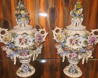 Ornamental Porcelain Vases w/Lids High Feature Decorations Germany G&C!
