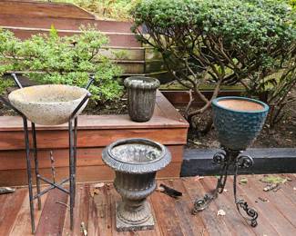 Vtg Wrought Iron Plant Stand, Concrete W/Metal Stand Birdbath, Pots!

