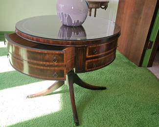 Mahogany Glass Top Duncan & Phyfe Drum Table w/Drawer & Leather Inlay!