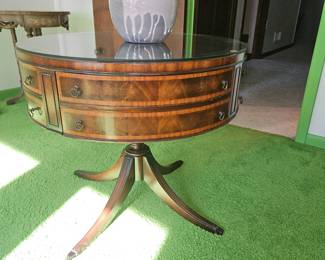 Mahogany Glass Top Duncan & Phyfe Drum Table w/Drawer & Leather Inlay!