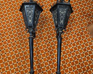 Vtg Cast Iron Blk W/Amber Glass Gothic Outdoor Sconce Lamps 38”!

