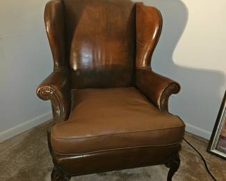Vintage Emblem Furniture Custom Built Leather Wing Chair w/Carved Arms & Legs!
