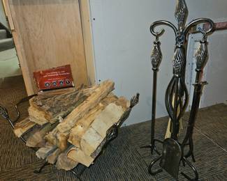 Metal Fireplace Tool & Log Holder W/Logs!
